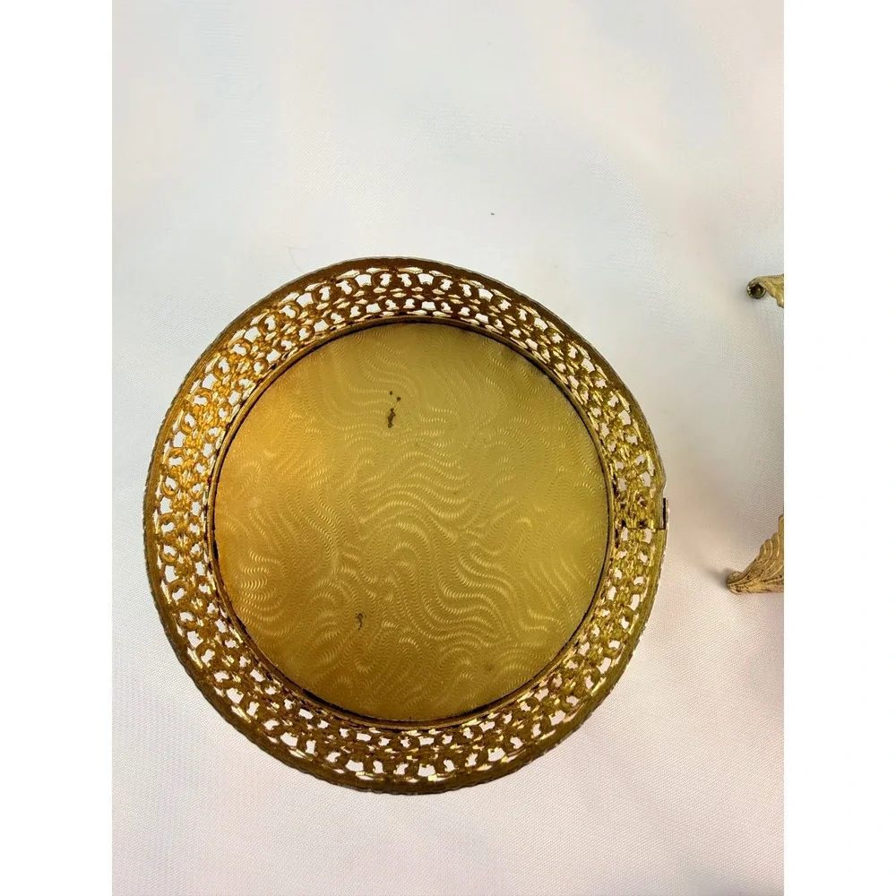 Vintage Hollywood Regency Gold Filigree Bird Flower Tissue Box & Trinket Jar Set
